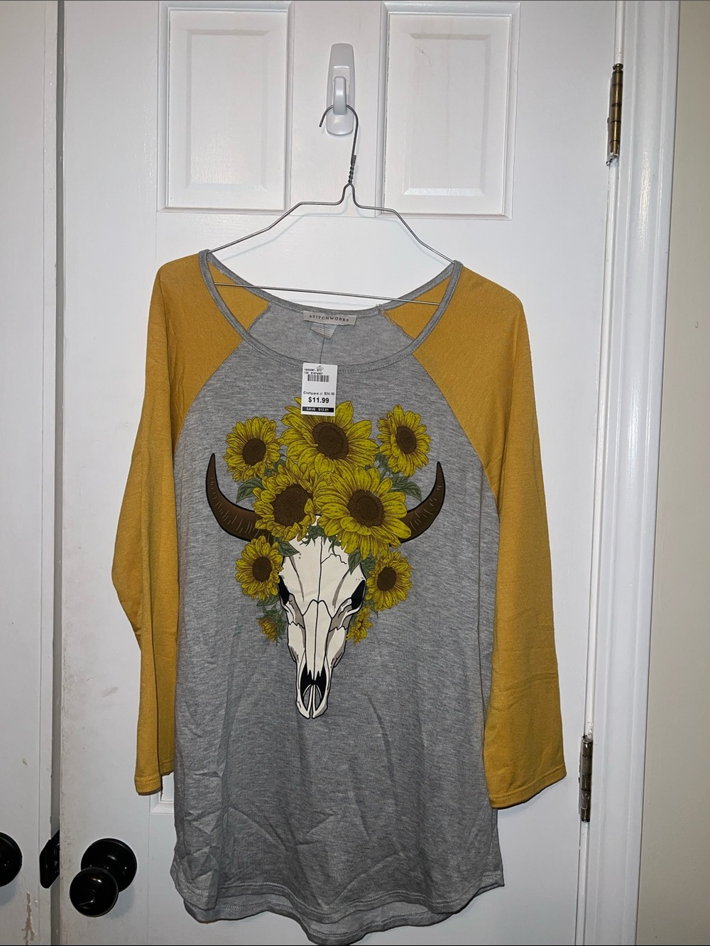 Sunflower Skull Raglan Long Sleeve Tee - Mustard/Gray